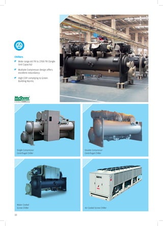 Chillers
      Wide range 60 TR to 2700 TR (Single
      Unit Capacity)

      Multiple Compressor design offers
      excellent redundancy

      High COP complying to Green
      Building Norms




     Single Compressor                      Double Compressor
     Centrifugal Chiller                    Centrifugal Chiller




     Water Cooled
     Screw Chiller                          Air Cooled Screw Chiller


10
 