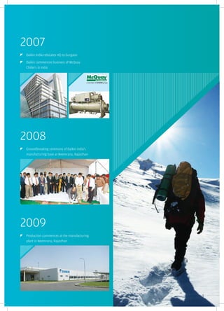 2007
Daikin India relocates HQ to Gurgaon

Daikin commences business of McQuay
Chillers in India




2008
Groundbreaking ceremony of Daikin India's
manufacturing base at Neemrana, Rajasthan




2009
Production commences at the manufacturing
plant in Neemrana, Rajasthan




                                            5
 