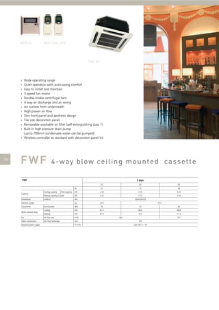 ›
›
›
›
›
›
›
›
›
›
›
›

Wide operating range
Quiet operation with auto-swing comfort
Easy to install and maintain
3 speed fan motor
Double-intake centrifugal fans
4 way air discharge and air swing
Air suction from underneath
High power air ﬂow
Slim front panel and aesthetic design
Tile size decoration panel
Removable washable air ﬁlter (self-extinguishing class 1)
Built-in high pressure drain pump
(up to 700mm condensate water can be pumped)
› Wireless controller as standard with decoration panel kit

FWF

2-pipe
02

Capacity
Dimensions

03

W

51

75

78

kW

2.34

4.10

4.25

Heating capacity (2-pipe)

kW

3.22

5.12

5.42

H xW x D

mm

Cooling capacity

Machine weight
Sound level
Water pressure drop

Total capacity

kg

250x570x570
22.0

23.0

Sound power

dBA

54

53

56

Cooling

kPa

67.3

68.6

68.8

61.9

70.5

71.2

Heating

kPa

Fan

Air ﬂow rate

m³/h

Water connections

Std. heat exchanger

inch

Required power supply

04

V / f / Hz

662

731
3/4
220-240 / 1 / 50

 