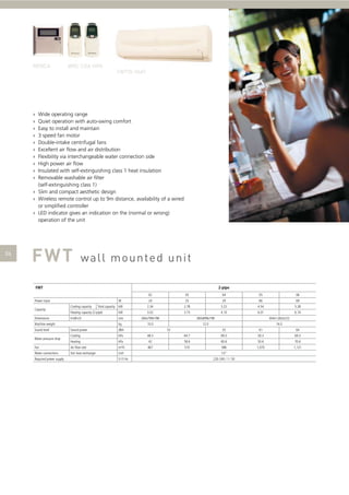 ›
›
›
›
›
›
›
›
›
›

Wide operating range
Quiet operation with auto-swing comfort
Easy to install and maintain
3 speed fan motor
Double-intake centrifugal fans
Excellent air ﬂow and air distribution
Flexibility via interchangeable water connection side
High power air ﬂow
Insulated with self-extinguishing class 1 heat insulation
Removable washable air ﬁlter
(self-extinguishing class 1)
› Slim and compact aesthetic design
› Wireless remote control up to 9m distance, availability of a wired
or simpliﬁed controller
› LED indicator gives an indication on the (normal or wrong)
operation of the unit

FWT

2-pipe
02

Power input
Capacity
Dimensions

W
Cooling capacity

Water pressure drop

04

05

06

24

25

29

66

69

H xW x D

2.34

2.78

3.22

4.54

5.28

kW

3.02

3.75

4.10

6.01

6.74

mm

260x799x198

260x899x198

kg

Heating capacity (2-pipe)

Machine weight
Sound level

Total capacity kW

03

10.0

12.0

Sound power

dBA

Cooling

kPa

53

304x1,062x222
16.0
55

61

64

50.3

69.3

48.3

64.7

69.3

Heating

kPa

42

58.6

60.6

50.6

70.6

Fan

Air ﬂow rate

m³/h

467

510

586

1,070

1,121

Water connections

Std. heat exchanger

inch

Required power supply

V / f / Hz

1/2''
220-240 / 1 / 50

 