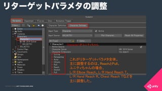 COPYRIGHT 2015 @ UNITY TECHNOLOGIES JAPANCOPYRIGHT 2014 @ UNITY TECHNOLOGIES JAPAN
リターゲットパラメタの調整
これがリターゲットパラメタ全体。	
主に調整するのは、ReachとPull。	
ユニティちゃんの場合、 
L/R Elbow Reach、L/R Hand Reach T、 
L/R Hand Reach R、Chest Reach Tなどを 
主に調整した。	
Character1がユニティちゃん	
 