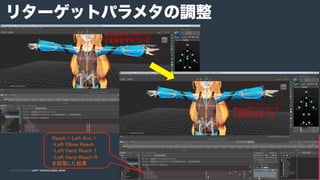 COPYRIGHT 2015 @ UNITY TECHNOLOGIES JAPANCOPYRIGHT 2014 @ UNITY TECHNOLOGIES JAPAN
リターゲットパラメタの調整
Mocapのコントローラ
と左腕がずれている	
Mocapのコントローラ
と左腕がほぼ一致	
Reach > Left Arm >	
・Left Elbow Reach	
・Left Hand Reach T	
・Left Hand Reach R	
を調整した結果	
 