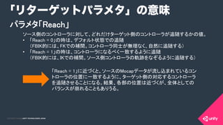 COPYRIGHT 2015 @ UNITY TECHNOLOGIES JAPANCOPYRIGHT 2014 @ UNITY TECHNOLOGIES JAPAN
「リターゲットパラメタ」の意味
パラメタ「Reach」	
ソース側のコントローラに対して、どれだけターゲット側のコントローラが追随するかの値。	
•  「Reach = 0」の時は、デフォルト状態での追随 
（FBIK的には、FKでの補間。コントローラ同士が無理なく、自然に追随する）	
•  「Reach = 1」の時は、コントローラになるべく一致するように追随 
（FBIK的には、IKでの補間。ソース側コントローラの軌跡をなぞるように追随する）	
「Reach = 1」に近づくと、ソースのMocapデータが流し込まれているコン
トローラの位置に一致するように、ターゲット側の対応するコントローラ
を追随させることになる。結果、各部の位置は近づくが、全体としての
バランスが崩れることもありうる。	
 