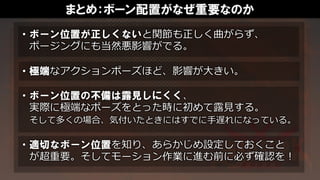 まとめ：ボーン配置がなぜ重要なのか
・ボーン位置が正しくないと関節も正しく曲がらず、
ポージングにも当然悪影響がでる。
・極端なアクションポーズほど、影響が大きい。
・ボーン位置の不備は露見しにくく、
実際に極端なポーズをとった時に初めて露見する。
そして多くの場合、気付いたときにはすでに手遅れになっている。
・適切なボーン位置を知り、あらかじめ設定しておくこと
が超重要。そしてモーション作業に進む前に必ず確認を！
 