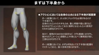 まずは下半身から
●アクションにおいては全身の土台となる下半身が超重要
ボーン配置において、まっさきにチェックする必要があるのが
下半身です。
全身のシルエットの大半を占め、重心移動や踏ん張りなど、
あらゆるアクションにおいてまさに根幹となるシルエット表現が
行われる部位だからです。
加えて、接地のためのIKの設定など、リグも複雑になりがち。
後からのアニメーション調整も上半身と比べて難易度が高く、
工数もかかりがちです。
ボーン配置においては、まずは何をおいても下半身の配置を
マスターしておくと、後々効率が良くなります。
 