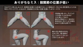 ありがちなミス：股関節の位置が低い
先ほどすでに例に出しましたが、股関節の配置ミスは影響が大きい上に極端なポーズをとらない限り露見しにくいため
発生しやすいミスです。よくあるのが、回転軸をかなり低い位置に配置してしまうケースです。
横から見た臀部の形状も
大きくくずれ、腰と脚部が
正しくつながっていないよう
に見えてしまいます。
回転軸の違いから、ダイナミック
に足を開いたときの形状が
大きく異なってきます。
腰回りが間延びして、相対的に
胴長短足に見えてしまう効果も
あるので注意が必要です。
 
