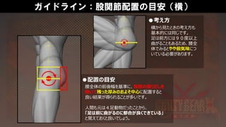 ガイドライン：股関節配置の目安（横）
横から見たときの考え方も
基本的には同じです。
足は前方には９０度以上
曲がることもあるため、腰全
体でみるとやや前気味につ
いている必要があります。
●考え方
腰全体の前後幅を基準に、臀部の張りだしを
除いて残った厚みのおよそ中心に配置すると
良い結果が得られることが多いです。
人間も元は４足動物だったことから、
「足は前に曲がるのに都合が良くできている」
と覚えておくと良いでしょう。
●配置の目安
 