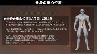 全身の重心位置
●全身の重心位置は「丹田」に置こう
「丹田」(たんでん)とは、東洋医学や武術における用語ですが、「へそ下三寸」に
あるという全身の重心です。諸説ありますが、おへそから数センチ下あたりを指します。
この位置は頭部の重さ（以外と重い！）も含めた全身のおおよその重心位置です。
（足の長さ、肉のつき方などで個人差はありますが）
アニメーションをつける際、全身を回転させるような動きを作る場合
回転軸は全体の重心に置いたほうが圧倒的に作りやすくなります。
そのため、全身を動かす親階層のボーンはこの「丹田」の位置を目安に
配置しておくとうまくいきやすいです。
 