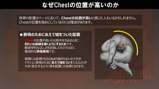 なぜChestの位置が高いのか
Chestの位置が高いのは背中を丸めるときに
きれいな曲線を描くようにするためです。
解剖学的な正しさを目指したものではなく、
意図的な誇張表現です。
実際には肋骨付近はあまり曲がらないのですが、
アクション表現のためにあえて嘘をついてシルエットが
大きく変化するように骨を配置した結果となります。
背骨の配置のページにおいて、Chestの位置が高いと感じた人もいるかもしれません。
Chestの位置を高めにしているのには理由があります。
●表現のためにあえて嘘をついた配置
 