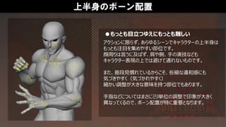 上半身のボーン配置
●もっとも目立つゆえにもっとも難しい
アクションに限らず、あらゆるシーンでキャラクターの上半身は
もっとも注目を集めやすい部位です。
顔周りは言うに及ばず、肩や腕、手の演技なども
キャラクター表現の上では避けて通れないものです。
また、普段見慣れているからこそ、些細な違和感にも
気づきやすく（気づかれやすく）
細かい調整が大きな意味を持つ部位でもあります。
手指などについてはまさにミリ単位の調整で印象が大きく
異なってくるので、ボーン配置が特に重要となります。
 