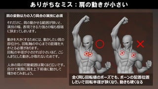 ありがちなミス：肩の動きが小さい
肩の姿勢は力の入り具合の演技に必須
それだけに、肩の動かせる範囲が狭いと、
演技の幅、表現できる力強さの幅も極端
に狭まってしまいます。
動きを大きくするためには、動かしたい肩の
部位から、回転軸の中心までの距離を大
きくとる必要があります。
回転の半径が小さければ小さいほど、こじ
んまりとした動きしか取れないためです。
人体の肩の可動範囲は驚くほど広いです。
自分で実際に肩を上下前後に動かして
確かめてみましょう。
全く同じ回転値のポーズでも、ボーンの配置位置
しだいで回転半径が狭くなり、動きも硬くなる
 