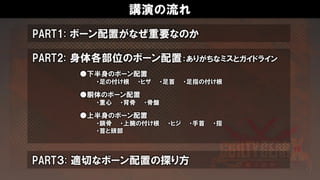 講演の流れ
PART1: ボーン配置がなぜ重要なのか
PART2: 身体各部位のボーン配置：ありがちなミスとガイドライン
PART３: 適切なボーン配置の探り方
●下半身のボーン配置
・足の付け根 ・ヒザ ・足首 ・足指の付け根
●胴体のボーン配置
・重心 ・背骨 ・骨盤
●上半身のボーン配置
・鎖骨 ・上腕の付け根 ・ヒジ ・手首 ・指
・首と頭部
 