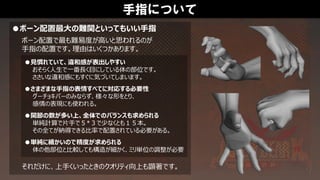 手指について
●ボーン配置最大の難関といってもいい手指
ボーン配置で最も難易度が高いと思われるのが
手指の配置です。理由はいくつかあります。
●見慣れていて、違和感が表出しやすい
おそらく人生で一番長く目にしている体の部位です。
ささいな違和感にもすぐに気づいてしまいます。
●さまざまな手指の表情すべてに対応する必要性
グーチョキパーのみならず、様々な形をとり、
感情の表現にも使われる。
●関節の数が多い上、全体でのバランスも求められる
単純計算で片手で５*３で少なくとも１５本。
その全てが納得できる比率で配置されている必要がある。
●単純に細かいので精度が求められる
体の他部位と比較しても構造が細かく、ミリ単位の調整が必要
それだけに、上手くいったときのクオリティ向上も顕著です。
 