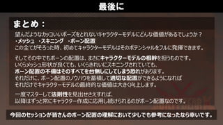 最後に
まとめ：
望んだようなカッコいいポーズをとれないキャラクターモデルにどんな価値があるでしょうか？
・メッシュ ・スキニング ・ボーン配置
この全てがそろった時、初めてキャラクターモデルはそのポテンシャルをフルに発揮できます。
そしてその中でもボーンの配置は、まさにキャラクターモデルの根幹を担うものです。
いくらメッシュ形状が良くても、いくらきれいにスキニングされていても、
ボーン配置の不備はそのすべてを台無しにしてしまう恐れがあります。
それだけに、ボーン配置のノウハウを蓄積して適切な配置ができるようになれば
それだけでキャラクターモデルの最終的な価値は大きく向上します。
一度マスターして法則性を見出せさえすれば、
以降はずっと常にキャラクター作成に応用し続けられるのがボーン配置なのです。
今回のセッションが皆さんのボーン配置の理解において少しでも参考になったなら幸いです。
 