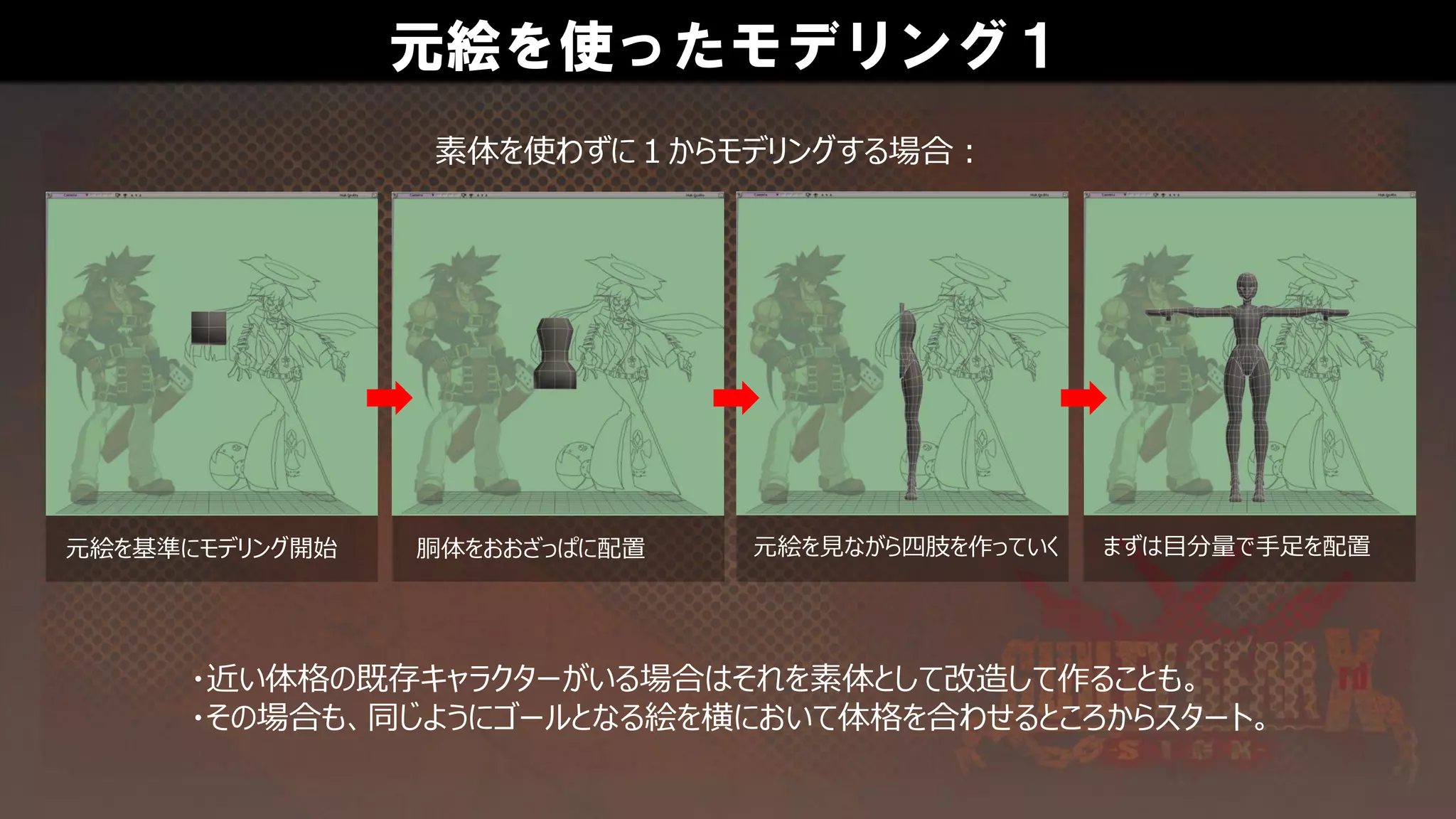 元絵を使ったモデリング１
元絵を基準にモデリング開始 胴体をおおざっぱに配置 元絵を見ながら四肢を作っていく まずは目分量で手足を配置
素体を使わずに１からモデリングする場合：
・近い体格の既存キャラクターがいる場合はそれを素体として改造して作ることも。
・その場合も、同じようにゴールとなる絵を横において体格を合わせるところからスタート。
 