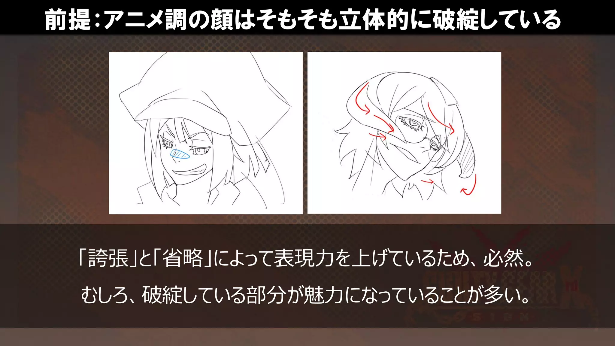 前提：アニメ調の顔はそもそも立体的に破綻している
「誇張」と「省略」によって表現力を上げているため、必然。
むしろ、破綻している部分が魅力になっていることが多い。
 