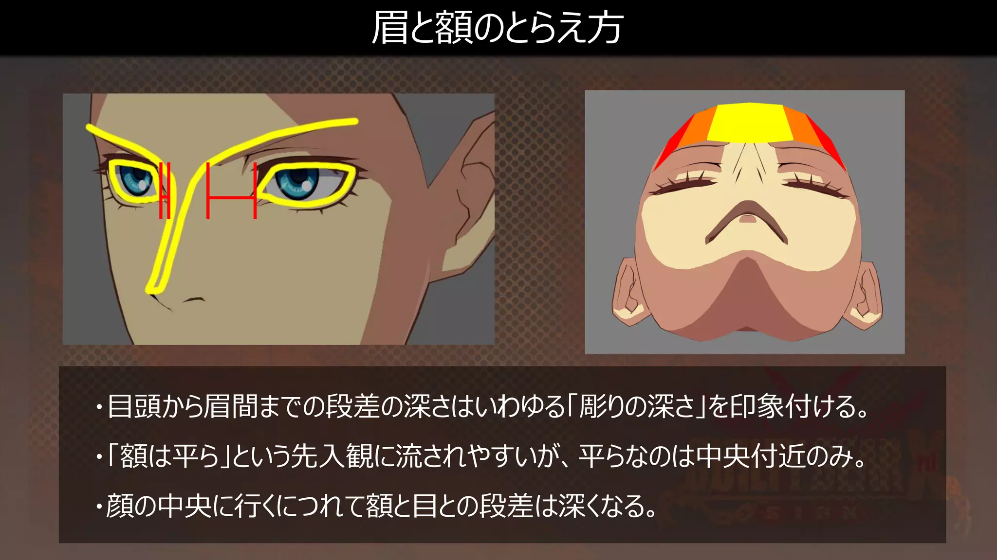 眉と額のとらえ方
・目頭から眉間までの段差の深さはいわゆる「彫りの深さ」を印象付ける。
・「額は平ら」という先入観に流されやすいが、平らなのは中央付近のみ。
・顔の中央に行くにつれて額と目との段差は深くなる。
 