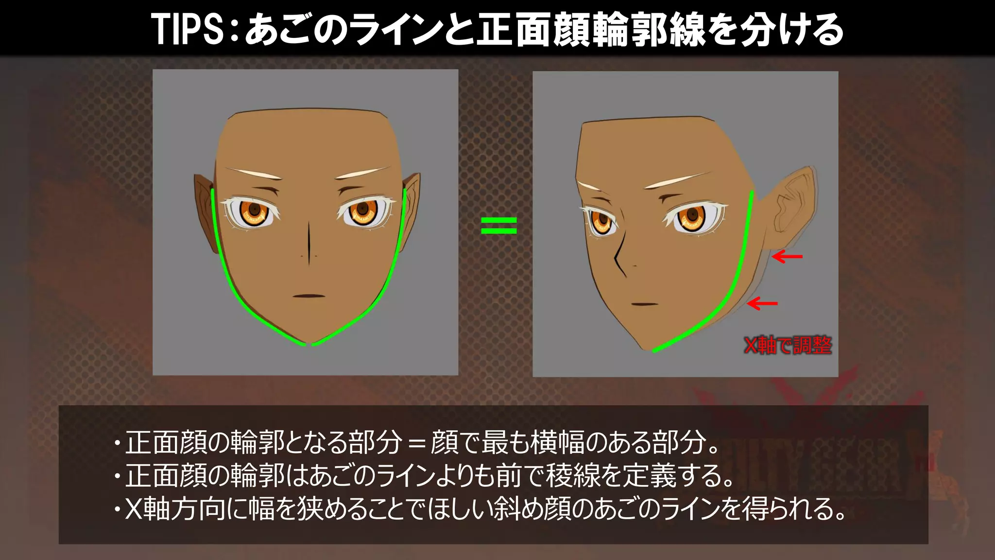 TIPS：あごのラインと正面顔輪郭線を分ける
・正面顔の輪郭となる部分＝顔で最も横幅のある部分。
・正面顔の輪郭はあごのラインよりも前で稜線を定義する。
・X軸方向に幅を狭めることでほしい斜め顔のあごのラインを得られる。
＝
X軸で調整
 