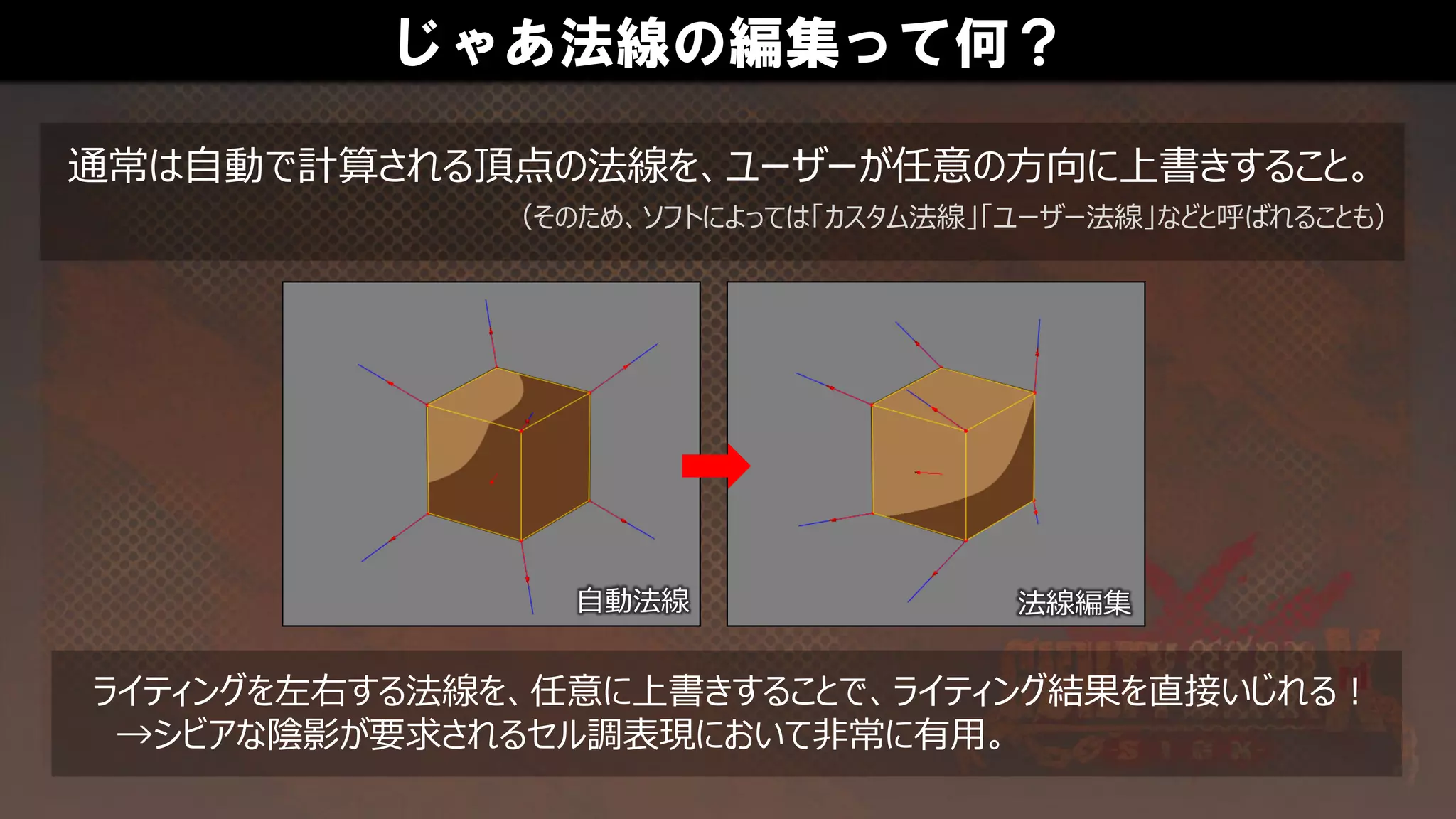 じゃあ法線の編集って何？
通常は自動で計算される頂点の法線を、ユーザーが任意の方向に上書きすること。
自動法線 法線編集
ライティングを左右する法線を、任意に上書きすることで、ライティング結果を直接いじれる！
→シビアな陰影が要求されるセル調表現において非常に有用。
（そのため、ソフトによっては「カスタム法線」「ユーザー法線」などと呼ばれることも）
 