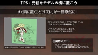 TIPS：元絵をモデルの横に置こう
・別ウィンドウとかではなく、モデリングを行っている
作業スペースの中に直接配置する。
・必ずしも作っているメッシュと重ねず、
見比べられるようにずらして配置。
圧倒的メリット：
同じウィンドウ内に配置することで、
サイズなどの比率を直接見比べることができる。縦横比が何かの拍子にずれないように画像を正方形にしておくと安心
すぐ隣に置くことで「ズレ」が一目瞭然に！
 