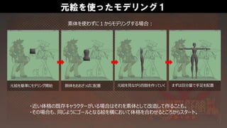 元絵を使ったモデリング１
元絵を基準にモデリング開始 胴体をおおざっぱに配置 元絵を見ながら四肢を作っていく まずは目分量で手足を配置
素体を使わずに１からモデリングする場合：
・近い体格の既存キャラクターがいる場合はそれを素体として改造して作ることも。
・その場合も、同じようにゴールとなる絵を横において体格を合わせるところからスタート。
 