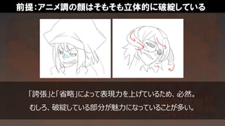 前提：アニメ調の顔はそもそも立体的に破綻している
「誇張」と「省略」によって表現力を上げているため、必然。
むしろ、破綻している部分が魅力になっていることが多い。
 
