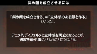 斜め顔を成立させるには
「斜め顔を成立させる」＝「立体感のある顔を作る」
ということ。
アニメ的ディフォルメと立体感を両立させることが、
破綻を最小限にとどめることにつながる。
 