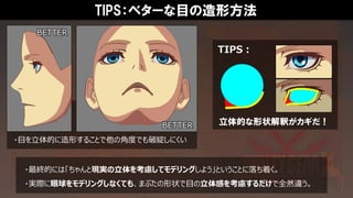 TIPS：ベターな目の造形方法
BETTER
BETTER
・最終的には「ちゃんと現実の立体を考慮してモデリングしよう」ということに落ち着く。
・実際に眼球をモデリングしなくても、まぶたの形状で目の立体感を考慮するだけで全然違う。
立体的な形状解釈がカギだ！
・目を立体的に造形することで他の角度でも破綻しにくい
TIPS：
 