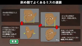 斜め顔でよくあるミスの連鎖
斜め顔が間延びした
イメージに…
正面顔はいじりたくない
ので優先度の低い
横顔を犠牲に、
顔を前後につぶして
対応しようとする。
前後につぶした結果
「お祭りのお面」のような、
立体感の無い顔に。
→結果、アオリやフカンに弱い
破綻しやすい形状に
ぱっと見は顔幅が
狭まり、問題は解決。
しかし…
NG
実演
 