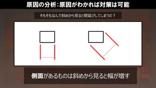 原因の分析：原因がわかれば対策は可能
側面があるものは斜めから見ると幅が増す
そもそもなんで斜めから見ると間延びしてしまうの？
 
