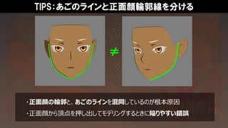 TIPS：あごのラインと正面顔輪郭線を分ける
・正面顔の輪郭と、あごのラインを混同しているのが根本原因
・正面顔から頂点を押し出してモデリングするときに陥りやすい錯誤
≠
 