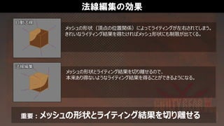 法線編集の効果
メッシュの形状（頂点の位置関係）によってライティングが左右されてしまう。
きれいなライティング結果を得たければメッシュ形状にも制限が出てくる。
自動法線
法線編集
メッシュの形状とライティング結果を切り離せるので、
本来あり得ないようなライティング結果を得ることができるようになる。
重要：メッシュの形状とライティング結果を切り離せる
 
