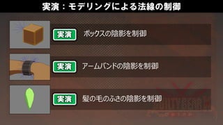 実演：モデリングによる法線の制御
アームバンドの陰影を制御
ボックスの陰影を制御
髪の毛のふさの陰影を制御
実演
実演
実演
 