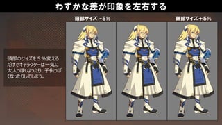 わずかな差が印象を左右する
頭部のサイズを５％変える
だけでキャラクターは一気に
大人っぽくなったり、子供っぽ
くなったりしてしまう。
頭部サイズ＋５％頭部サイズ -５％
 