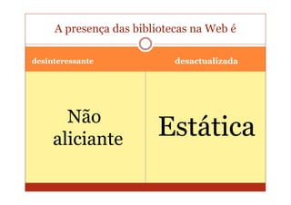 A presença das bibliotecas na Web é

desinteressante             desactualizada




       Não
     aliciante          Estática
 