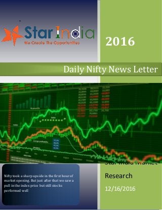 n
2016
Star India Market
Research
12/16/2016
Daily Nifty News Letter
Nifty took a sharp upside in the first hour of
market opening. But just after that we saw a
pull in the index price but still stocks
performed well
 