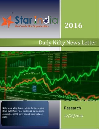 n
2016
Star India Market
Research
12/20/2016
Daily Nifty News Letter
Nifty took a big down side in the beginning
itself but later prices sustained by making a
support at 8080, nifty closed positively at
8108
 