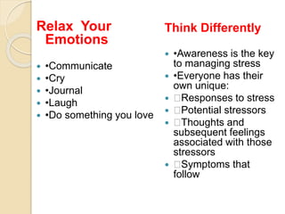 Relax Your
Emotions
 •Communicate
 •Cry
 •Journal
 •Laugh
 •Do something you love
Think Differently
 •Awareness is the key
to managing stress
 •Everyone has their
own unique:
 􀀹Responses to stress
 􀀹Potential stressors
 􀀹Thoughts and
subsequent feelings
associated with those
stressors
 􀀹Symptoms that
follow
 