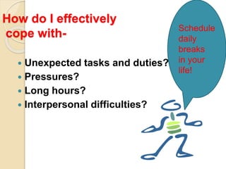 How do I effectively
cope with-
 Unexpected tasks and duties?
 Pressures?
 Long hours?
 Interpersonal difficulties?
Schedule
daily
breaks
in your
life!
 