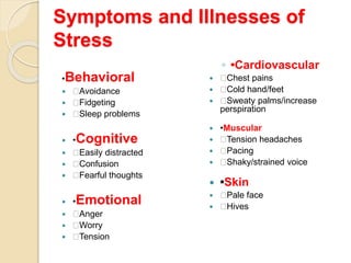 Symptoms and Illnesses of
Stress
•Behavioral
 􀀹Avoidance
 􀀹Fidgeting
 􀀹Sleep problems
 •Cognitive
 􀀹Easily distracted
 􀀹Confusion
 􀀹Fearful thoughts
 •Emotional
 􀀹Anger
 􀀹Worry
 􀀹Tension
◦ •Cardiovascular
 􀀹Chest pains
 􀀹Cold hand/feet
 􀀹Sweaty palms/increase
perspiration
 •Muscular
 􀀹Tension headaches
 􀀹Pacing
 􀀹Shaky/strained voice
 •Skin
 􀀹Pale face
 􀀹Hives
 