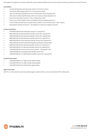 +1 7754 366 970
analysis@tpglobalfx.com
Asian Bulle n: The Japanese yen remains vola le a er strong manufacturing PMI results, Asian stock markets extremely up, gold hovers around $1,750 mark
Key Headlines:
• Australia AIG Manufacturing Index stands at 58.8 vs 55.3 previous release.
• Australia MI Inﬂa on gauge stands at 0.1 vs 0.2 pct previous release.
• Japan Final Manufacturing PMI stands at 51.4 vs 49.8 previous release (expected 49.9).
• China Caixin manufacturing PMI stands at 50.9 vs 51.5 previous release (expected 51.3).
• South Korea trade balance stands at 2.71B vs 3.76B previous release.
• Oil prices up on hope of global recovery and addi onal s mulus package issued by U.S.
• Former President Donald Trump on Sunday hinted at another run for the White House in 2024 – Reuters.
• New Zealand’s Auckland announced 7 – day lockdown on rising more contagious UK variant.
Economic Data Ahead:
• (0730 GMT/1300 IST) Swiss Retail Sales, previous 4.7, expected 4.5.
• (0815 GMT/1345 IST) Spain Manufacturing PMI, previous 49.3, expected 52.1.
• (0830 GMT/1400 IST) Swiss Manufacturing PMI, previous 59.4, expected 60.0.
• (0845 GMT/1415 IST) Italy Manufacturing PMI, previous 55.1, expected 57.0.
• (0850 GMT/1420 IST) France Manufacturing PMI, previous 55.0, expected 55.0.
• (0855 GMT/1425 IST) German Manufacturing PMI, previous 60.6, expected 60.6.
• (0900 GMT/1430 IST) Euro Manufacturing PMI, previous 57.7, expected 57.7.
• (0930 GMT/1500 IST) U.K. Manufacturing PMI, previous 54.9, expected 54.9.
• (1330 GMT/1900 IST) Canada Current account, previous -7.5B, expected -7.0B.
• (1430 GMT/2000 IST) Canada Manufacturing PMI, previous 54.4.
• (1500 GMT/2030 IST) U.S. ISM Manufacturing PMI, previous 58.7, expected 58.7.
Economic Events Ahead:
• (1330 GMT/1900 IST) U.S. FOMC member Williams Speaks.
• (1335 GMT/1935 IST) U.S. FOMC member Brainard Speaks.
• (1610 GMT/2140 IST) Euro ECB President Lagarde Speaks.
Major FX Pair Trend:
USD: The U.S. dollar index that tracks the greenback against a basket of other currencies inched down 0.07% to 90.81 points.
 