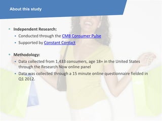 About this study




 Independent Research:
    Conducted through the CMB Consumer Pulse
    Supported by Constant Contact


 Methodology:
   Data collected from 1,433 consumers, age 18+ in the United States
    through the Research Now online panel
   Data was collected through a 15 minute online questionnaire fielded in
    Q1 2012.
 