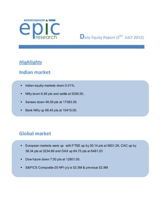 Daily Equity Report (3   RD
                                                                         JULY 2012)




Highlights
Indian market

   Indian equity markets down 0.01%.

   Nifty down 6.85 pts and settle at 5290.50.

   Sensex down 46.59 pts at 17383.39.

   Bank Nifty up 68.45 pts at 10415.00.




Global market

   European markets were up with FTSE up by 30.14 pts at 5601.29, CAC up by
    38.34 pts at 3234.89 and DAX up 64.75 pts at 6481.03

   Dow future down 7.00 pts at 12801.00.

   S&P/CS Composite-20 HPI y/y is 52.5M & previous 52.9M
 