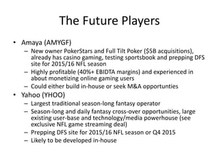 The Future Players
• Amaya (AMYGF)
– New owner PokerStars and Full Tilt Poker ($5B acquisitions),
already has casino gaming, testing sportsbook and prepping DFS
site for 2015/16 NFL season
– Highly profitable (40%+ EBIDTA margins) and experienced in
about monetizing online gaming users
– Could either build in-house or seek M&A opportunties
• Yahoo (YHOO)
– Largest traditional season-long fantasy operator
– Season-long and daily fantasy cross-over opportunities, large
existing user-base and technology/media powerhouse (see
exclusive NFL game streaming deal)
– Prepping DFS site for 2015/16 NFL season or Q4 2015
– Likely to be developed in-house
 