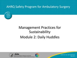 Module 2: Daily Huddles | 1
AHRQ Safety Program for Ambulatory Surgery
Management Practices for Sustainability
Management Practices for
Sustainability
Module 2: Daily Huddles
AHRQ Safety Program for Ambulatory Surgery
AHRQ Pub. No. 16(17)-0019-4-EF
May 2017
 