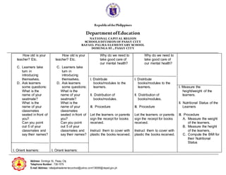 RepublicofthePhilippines
DepartmentofEducation
NAT IONAL CAPIT AL REGION
SCHOOLS DIVISION OF PASAY CIT Y
RAFAEL PALMA ELEMENT ARY SCHOOL
DOMINGA ST ., PASAY CIT Y
Address: Dominga St., Pasay City
Telephone Number: 738-1579
E-mail Address: rafaelpalmaelementaryschool@yahoo.com/136589@deped.gov.ph
How old is your
teacher? Etc.
C. Learners take
turn in
introducing
themselves.
D. Ask learners
some questions:
What is the
name of your
seatmate?
What is the
name of your
classmates
seated in front of
you?
Can you point
out 5 of your
classmates and
say their names?
I. Orient learners:
How old is your
teacher? Etc.
C. Learners take
turn in
introducing
themselves.
D. Ask learners
some questions:
What is the
name of your
seatmate?
What is the
name of your
classmates
seated in front of
you?
Can you point
out 5 of your
classmates and
say their names?
I. Orient learners:
Why do we need to
take good care of
our mental health?
I. Distribute
books/modules to the
learners.
II. Distribution of
books/modules.
III. Procedure
Let the learners or parents
sign the receipt for books
received.
Instruct them to cover with
plastic the books received.
Why do we need to
take good care of
our mental health?
I. Distribute
books/modules to the
learners.
II. Distribution of
books/modules.
III. Procedure
Let the learners or parents
sign the receipt for books
received.
Instruct them to cover with
plastic the books received.
I. Measure the
height/weight of the
learners.
II. Nutritional Status of the
Learners
III. Procedure
A. Measure the weight
of the learners.
B. Measure the height
of the learners.
C. Compute the BMI for
their Nutritional
Status
 