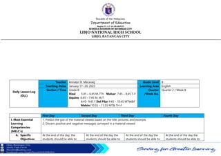 Republic of the Philippines
Department of Education
Region IV-A CALABARZON
SCHOOLS DIVISION OF BATANGAS CITY
LIBJO NATIONAL HIGH SCHOOL
LIBJO, BATANGAS CITY
Daily Lesson Log
(DLL)
Teacher Annalyn R. Macaraig Grade Level 8
Teaching Dates January 17- 20, 2023 Learning Area English
Section / Time Grade 8
Rizal 5:45 – 6:45 M-TTh Malvar 7:45 – 8:45 T-F
Aquino 6:45 – 7:45 M, W,T
8:45- 9:45 F Del Pilar 9:45 – 10:45 MTW&F
Mabini 10:55 – 11:55 MT& TH-F
Quarter
/Week No.
Quarter 2 / Week 8
First Day Second Day Third Day Fourth Day
I. Most Essential
Learning
Competencies
(MELC’s)
1. Predict the gist of the material viewed based on the title, pictures, and excerpts
2. Discern positive and negative messages conveyed in a material viewed
A. Specific
Objectives
At the end of the day, the
students should be able to:
At the end of the day the
students should be able to:
At the end of the day the
students should be able to:
At the end of the day the
students should be able to:
 