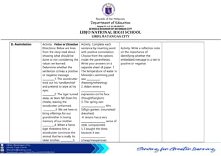 Republic of the Philippines
Department of Education
Region IV-A CALABARZON
SCHOOLS DIVISION OF BATANGAS CITY
LIBJO NATIONAL HIGH SCHOOL
LIBJO, BATANGAS CITY
D. Assimilation Activity: Value or Disvalue
Directions: Below are lines
from the story read about
showing what should be
done or not considering the
values we learned.
Determine whether the
sentences convey a positive
or negative message.
__________1. The woodcutter
took out his handkerchief
and pretend to wipe at his
eyes.
__________2. The tiger turned
away, as tears fell down his
cheeks, leaving the
woodcutter unharmed.
__________3. We are here to
bring offerings for our
grandmother in loving
memory of our mother.
__________4. When a fierce
tiger threatens him, a
woodcutter convinces the
animal that he is really his
older brother. __________5.
Activity. Complete each
sentence by inserting word
with positive connotation.
Choose from the options
inside the parentheses.
Write your answers on a
separate sheet of paper. 1.
The temperature of water in
Miranda's swimming pool
was ___________.
(freezing/refreshing)
2. Adam wore a
____________________
expression on his face.
(thoughtful/glum)
3. The spring rain
____________________ Mrs.
Gillig's garden. (nourished/
drenched)
4. Jessica has a very
____________________ sense of
style. (unique/odd)
5. I bought the dress
because it was
____________________.
(cheap/inexpensive)
Activity: Write a reflection note
on the importance of
identifying whether the
embedded message in a text is
positive or negative.
 