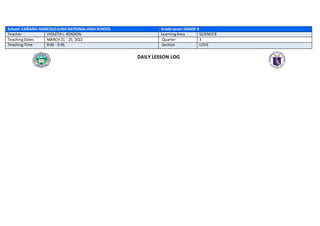 DAILY LESSON LOG
School: CAŇANG-MARCELOLUNANATIONALHIGH SCHOOL Grade Level:GRADE 8
Teacher VIOLETA L. RENDON LearningArea SCIENCE8
TeachingDates MARCH 21 - 25, 2022 Quarter 3
TeachingTime 8:45 - 9:45 Section LOVE
 