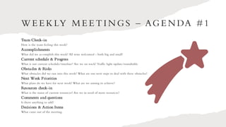 WEEK LY MEETING S – AG ENDA #1
Team Check-in
How is the team feeling this week?
Accomplishments
What did we accomplish thi...